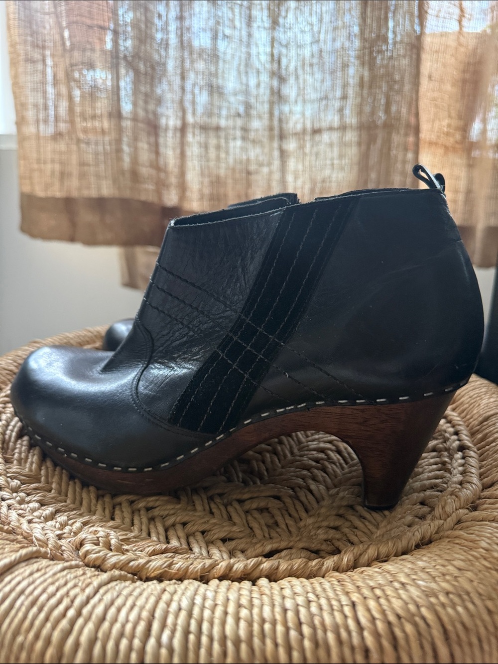 Anthropology clogs. Black Leather Ankle Bootie with Wood-Style Heel. Size 9
